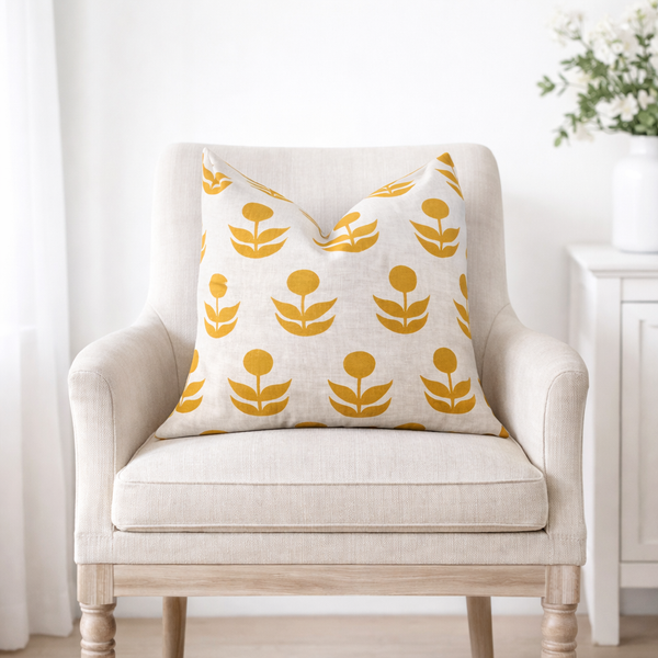 square pillow mustard flowers linen zipper 20"