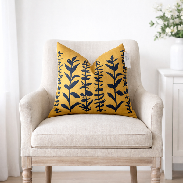 square pillow mustard linen navy eucalyptus branches 