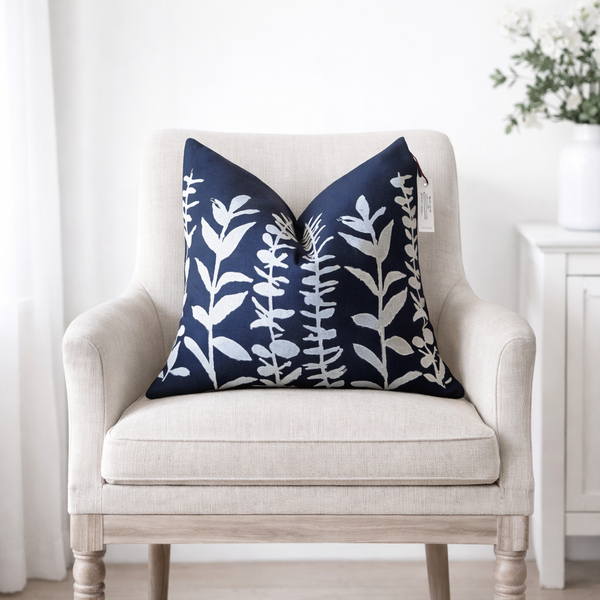 square pillow gray linen white eucalyptus branches 