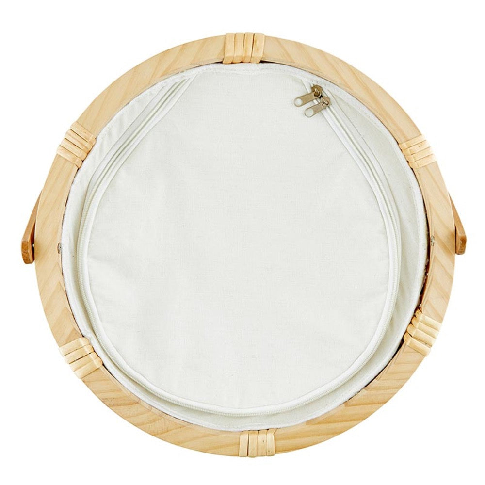 Santa Barbara Design Studio Picnic Basket Table - You. Me. Charcuterie., with white cover, zipper, and insulated interior—top view.