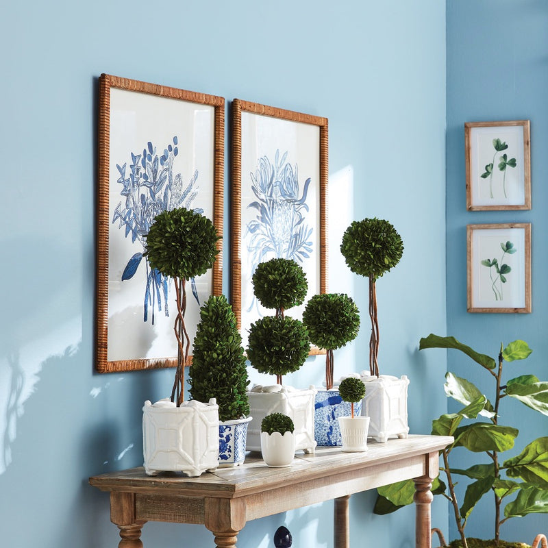 blue floral bouquet art prints rattan frames