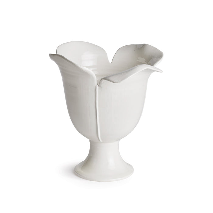 White ceramic vase with a unique petal design on a white background