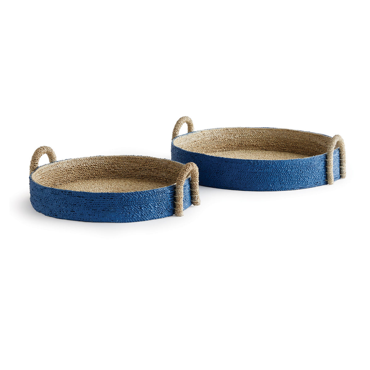 Two round woven baskets with blue outer rims and natural inner sides on a white background
