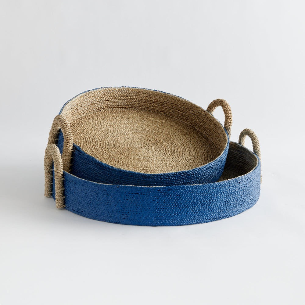 Set of two woven baskets, blue and natural seagrass