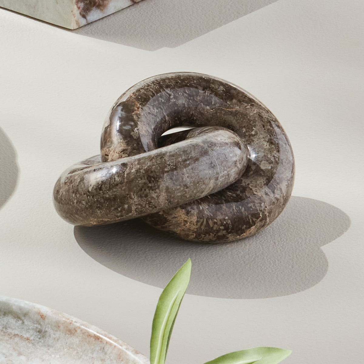 Marble knot sculpture on a light surface with a plant in the corner