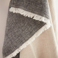 Textured throw with black and white fringed border on a neutral background