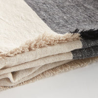 Textured throw in beige, gray, and black on a white surface