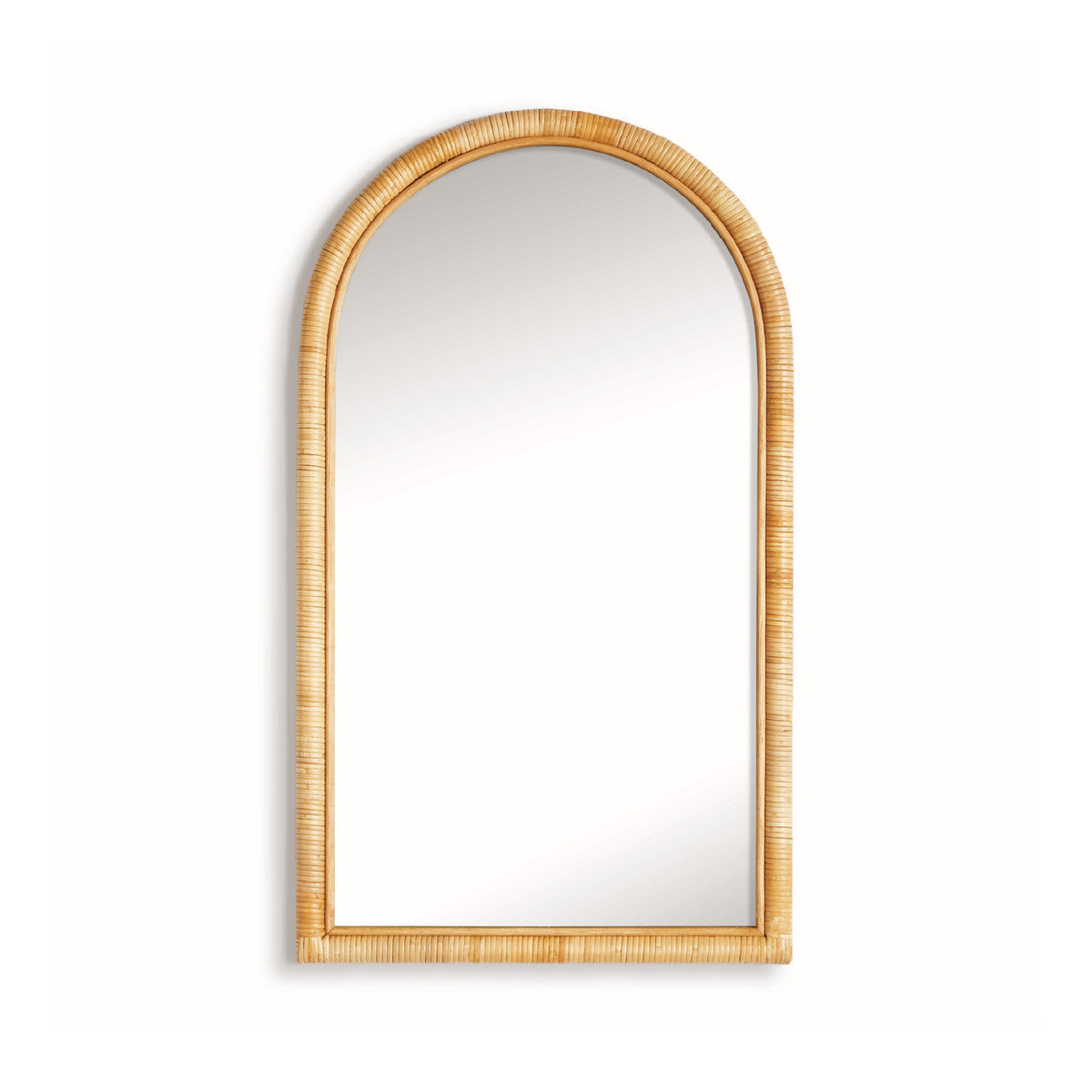 Arched mirror with rattan frame on a white background