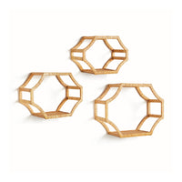 Three geometric wall shelves made of rattan on a white background