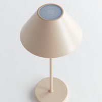 Beige lamp with a round base and cylindrical shade on a light gray background