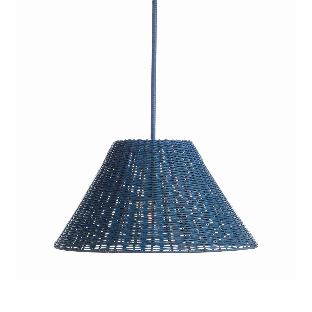 Blue woven pendant light on a white background