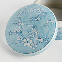 Ceramic plate with floral design on a light blue background
