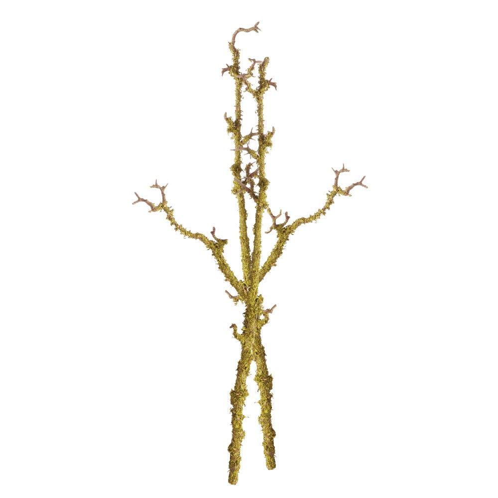 A decorative artificial branch with thin branches, covered in textured yellow-green moss, isolated on a plain white background.
