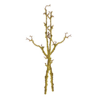 A decorative artificial branch with thin branches, covered in textured yellow-green moss, isolated on a plain white background.