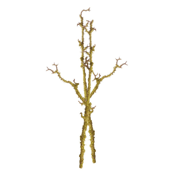 A decorative artificial branch with thin branches, covered in textured yellow-green moss, isolated on a plain white background.