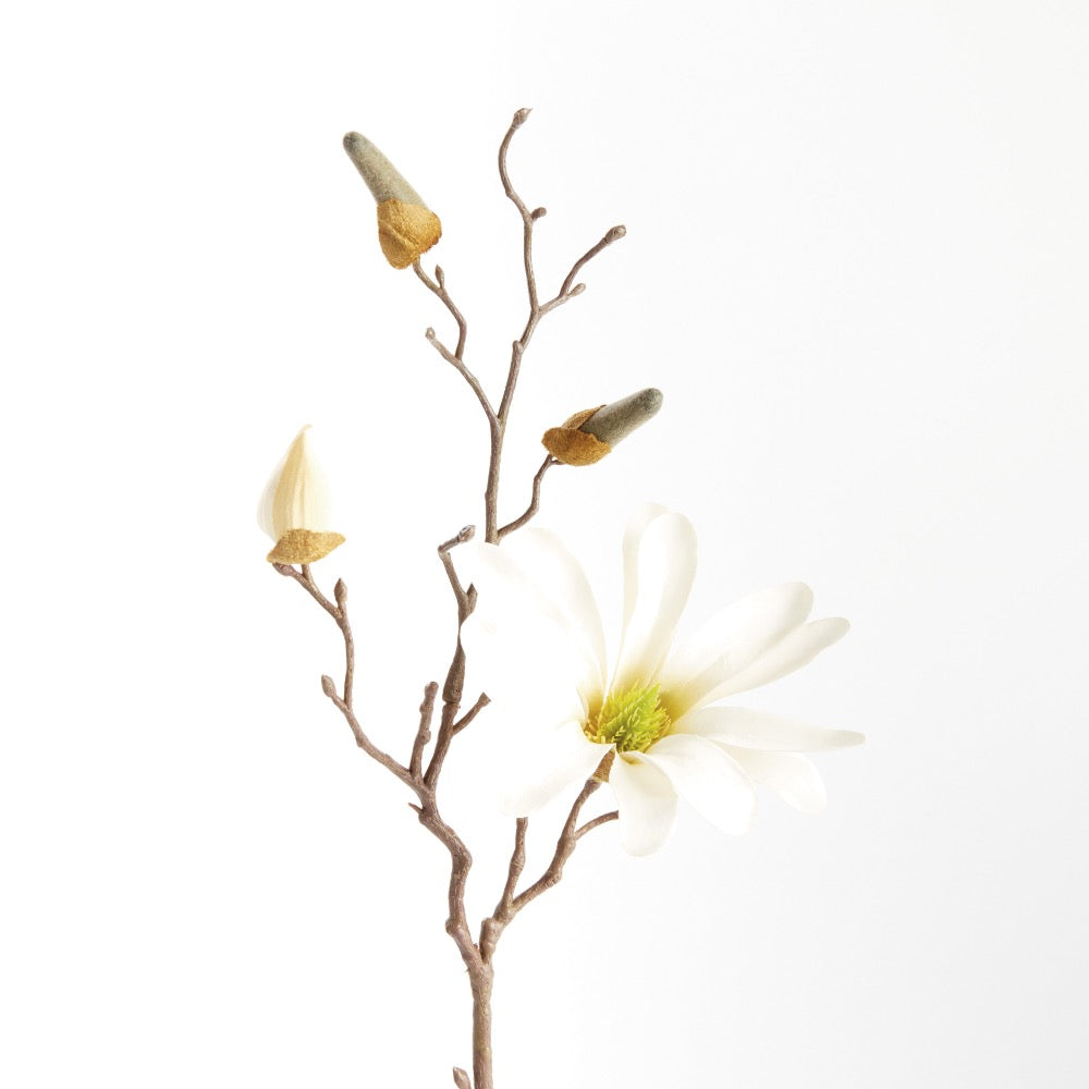 Artificial flower branch with white flowers and buds on a white background
