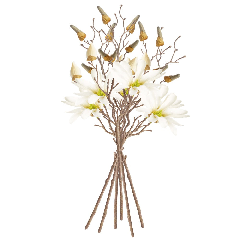 Artificial flower arrangement with white flowers and brown stems on a white background