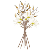 Artificial flower arrangement with white flowers and brown stems on a white background