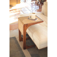 wood side table woven cane detail