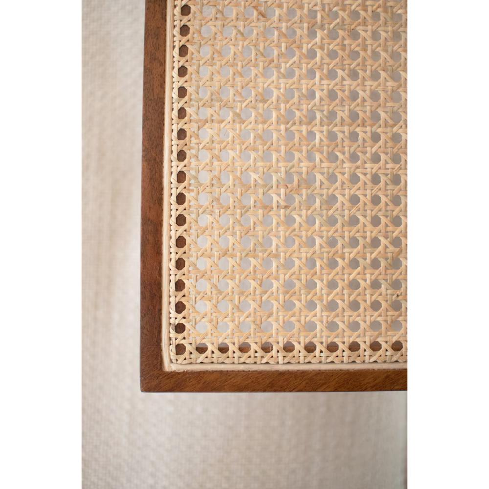 wood side table woven cane detail