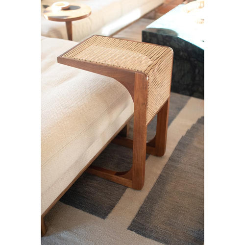 wood side table woven cane detail