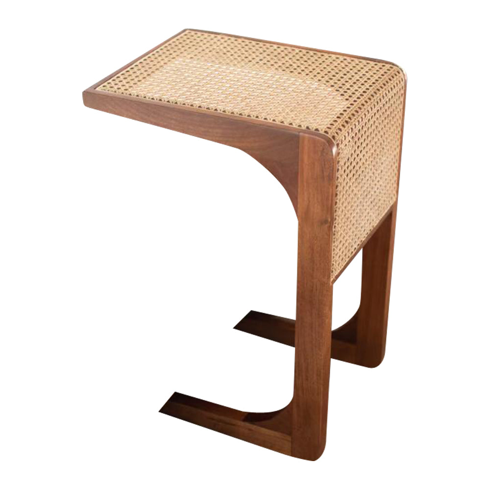 wood side table woven cane detail