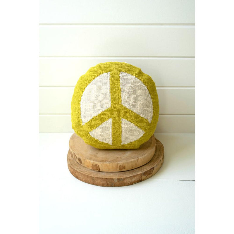  peace sign hand hooked circle pillow neon ivory