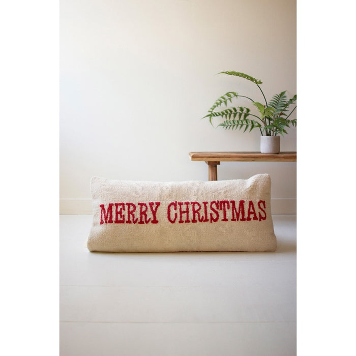 hooked pillow cream red Merry Christmas 32"