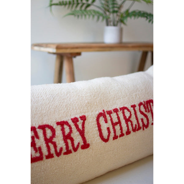 hooked pillow cream red Merry Christmas 32"