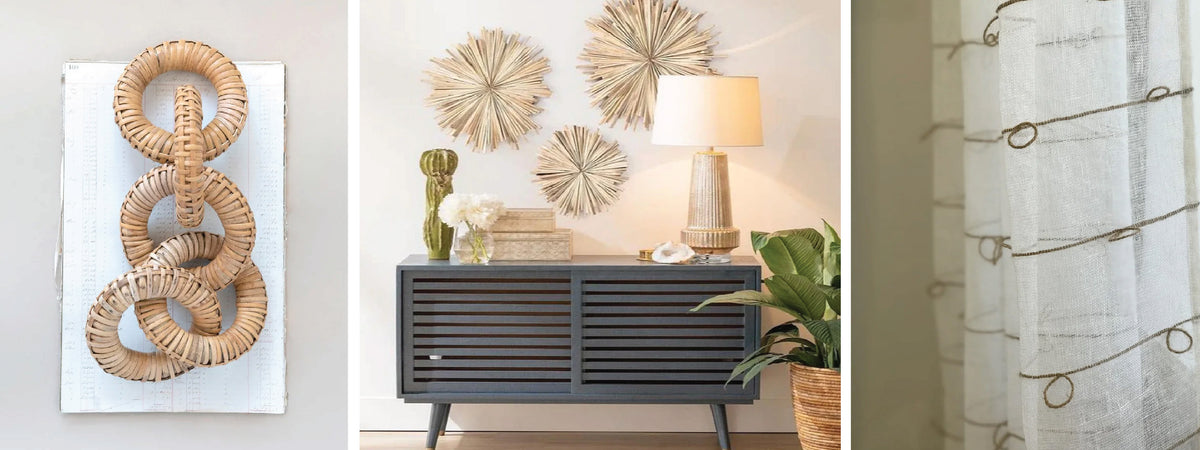 Three panels: woven wall art, console with lamp and decor, sheer curtains with loops.