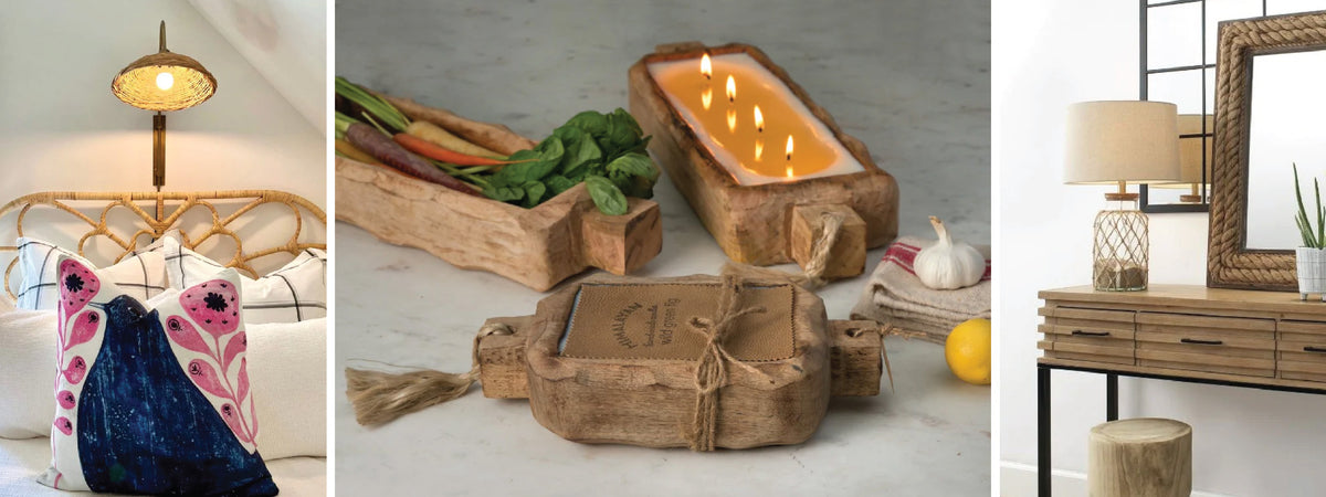 A collage showing a wicker bed and lamp, a wooden candle holder, and a table with a lamp and plant.