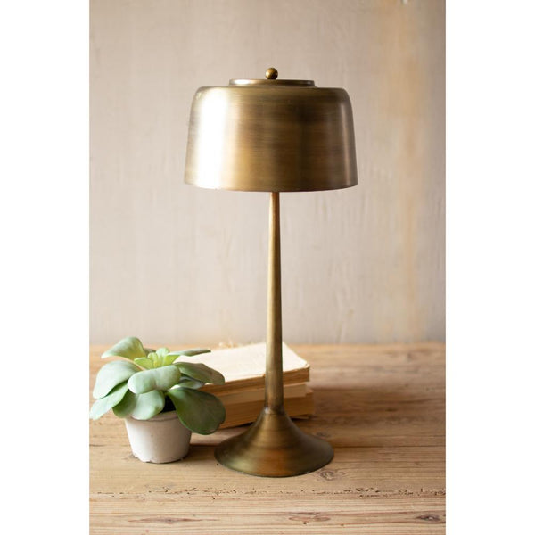 Brass table lamp on a wooden surface with a plant and books in the background