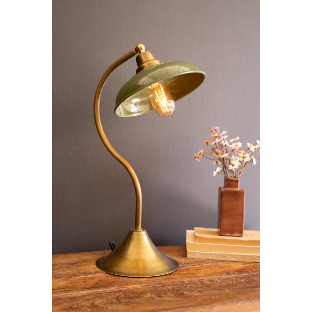 table lamp green enamel shade antique brass