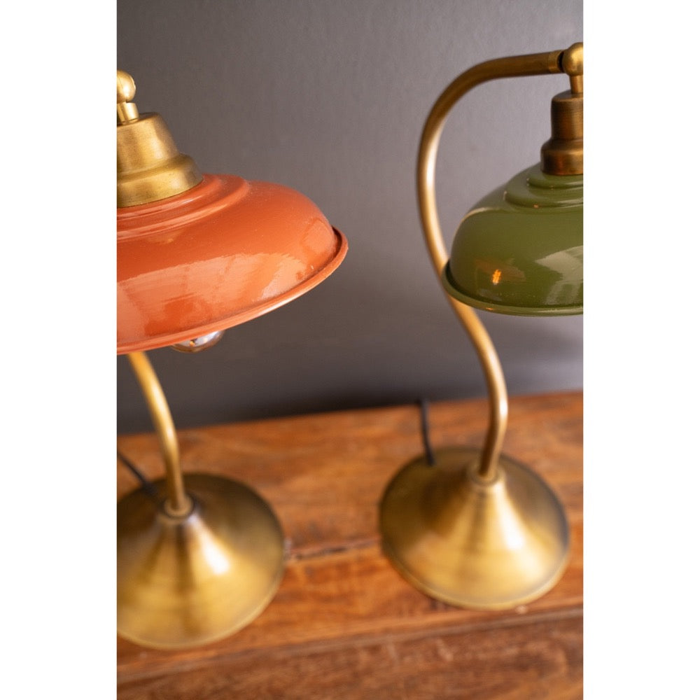 table lamp orange enamel shade antique brass