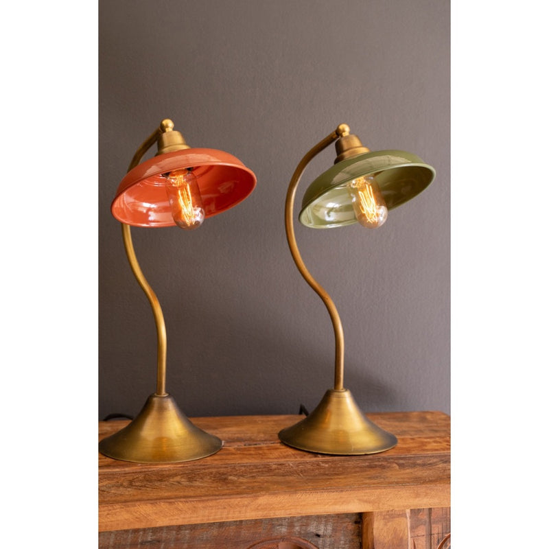 table lamp orange enamel shade antique brass