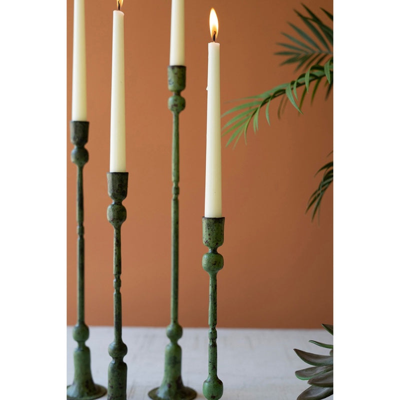 green patina candle holders set forged iron