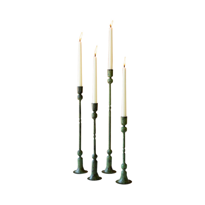 green patina candle holders set forged iron