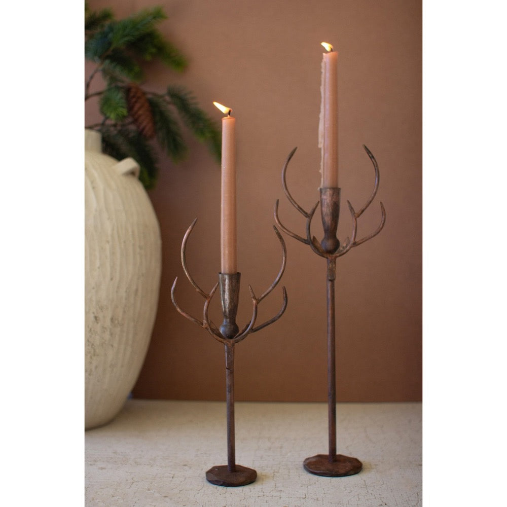 rust metal deer taper candle holder pair