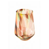 A small stemless glass with a rounded base, featuring a marbled pattern of peach, pink, orange, yellow, and green on a clear glass base, set against a plain white background.