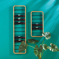 Wine bottles arranged on a wooden rack against a teal background with a plant in the foreground.