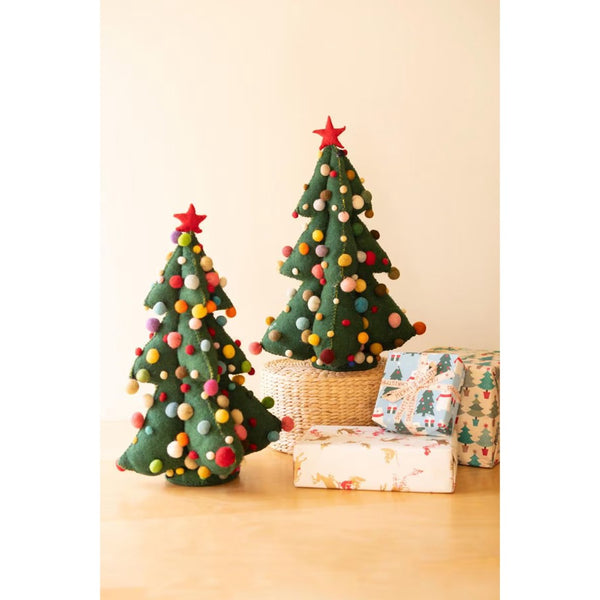 Two green felt christmas tree with colored pom pom balls and wrapped present on a beige background.