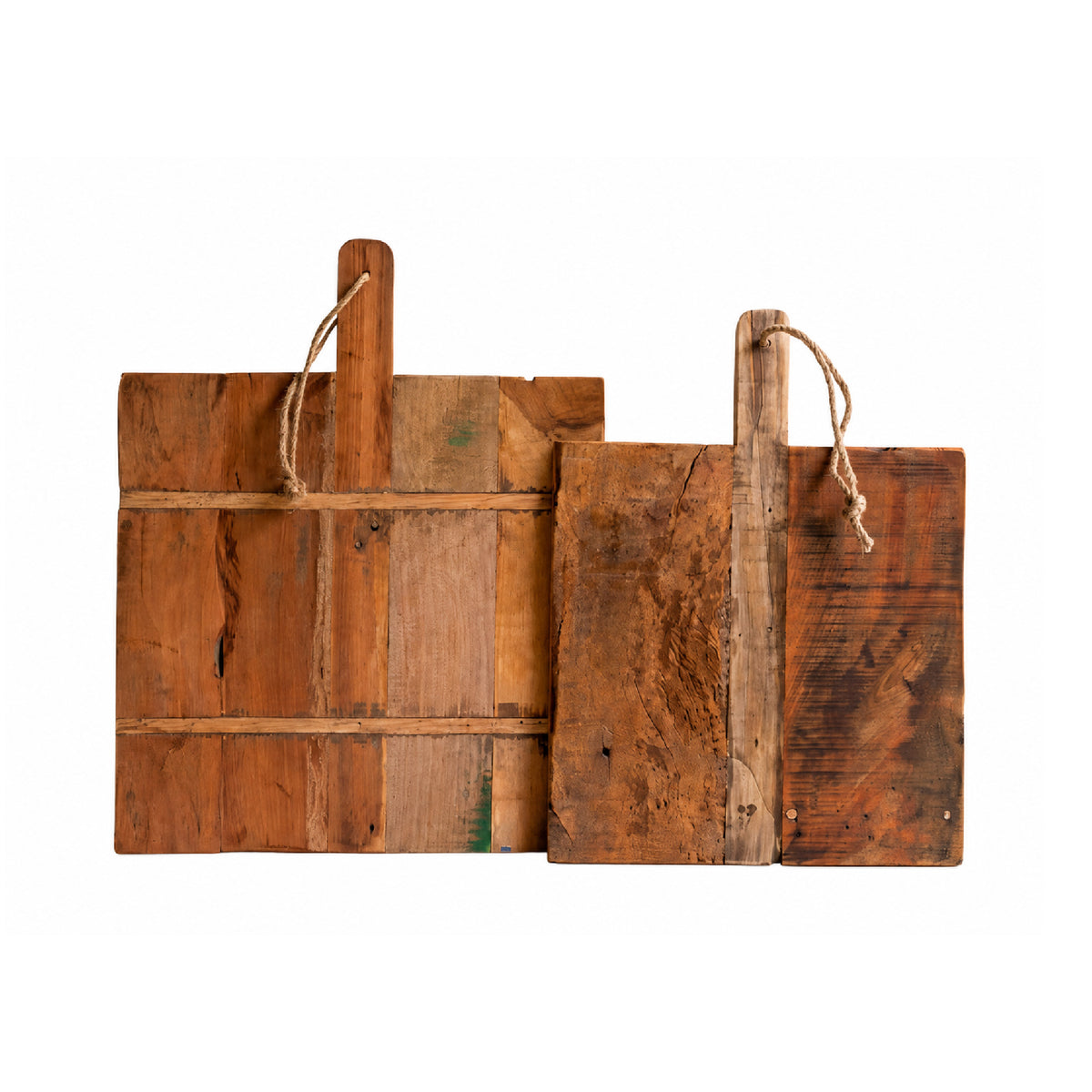 Two rustic wooden cutting boards with rope handles, displayed against a solid white background.