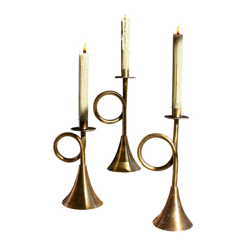 3 brass trumpet-shaped taper candle holders