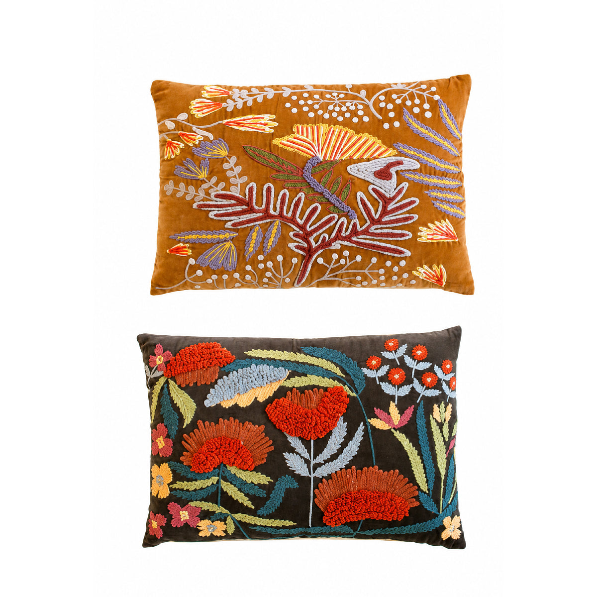 Two decorative embroidered throw pillows shown against a plain white background. The top pillow has a mustard-yellow velvet base with multicolor floral and botanical embroidery.