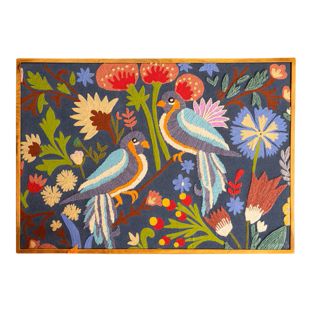 Decorative rug with birds and floral patterns on a blue background