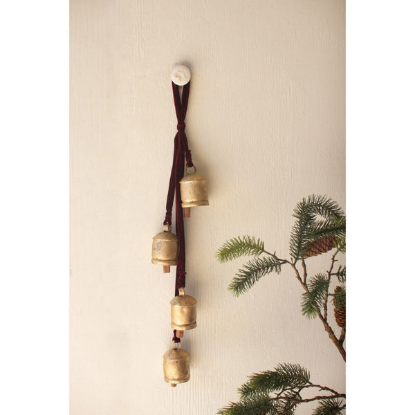 aged gold bells cluster maroon velvet ribbon