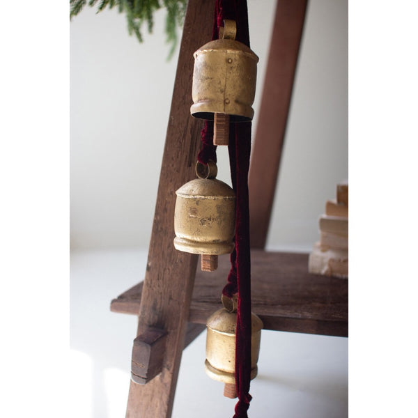 aged gold bells cluster maroon velvet ribbon