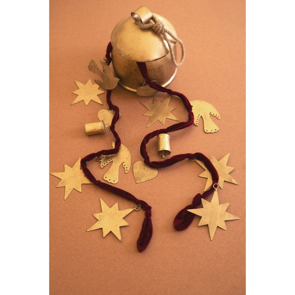 Christmas gold charm garland maroon velvet ribbon