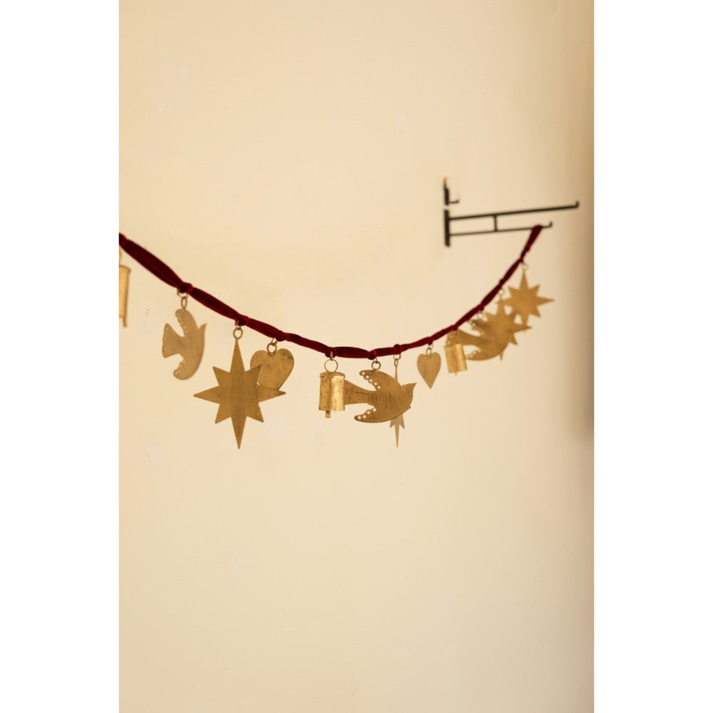 Christmas gold charm garland maroon velvet ribbon