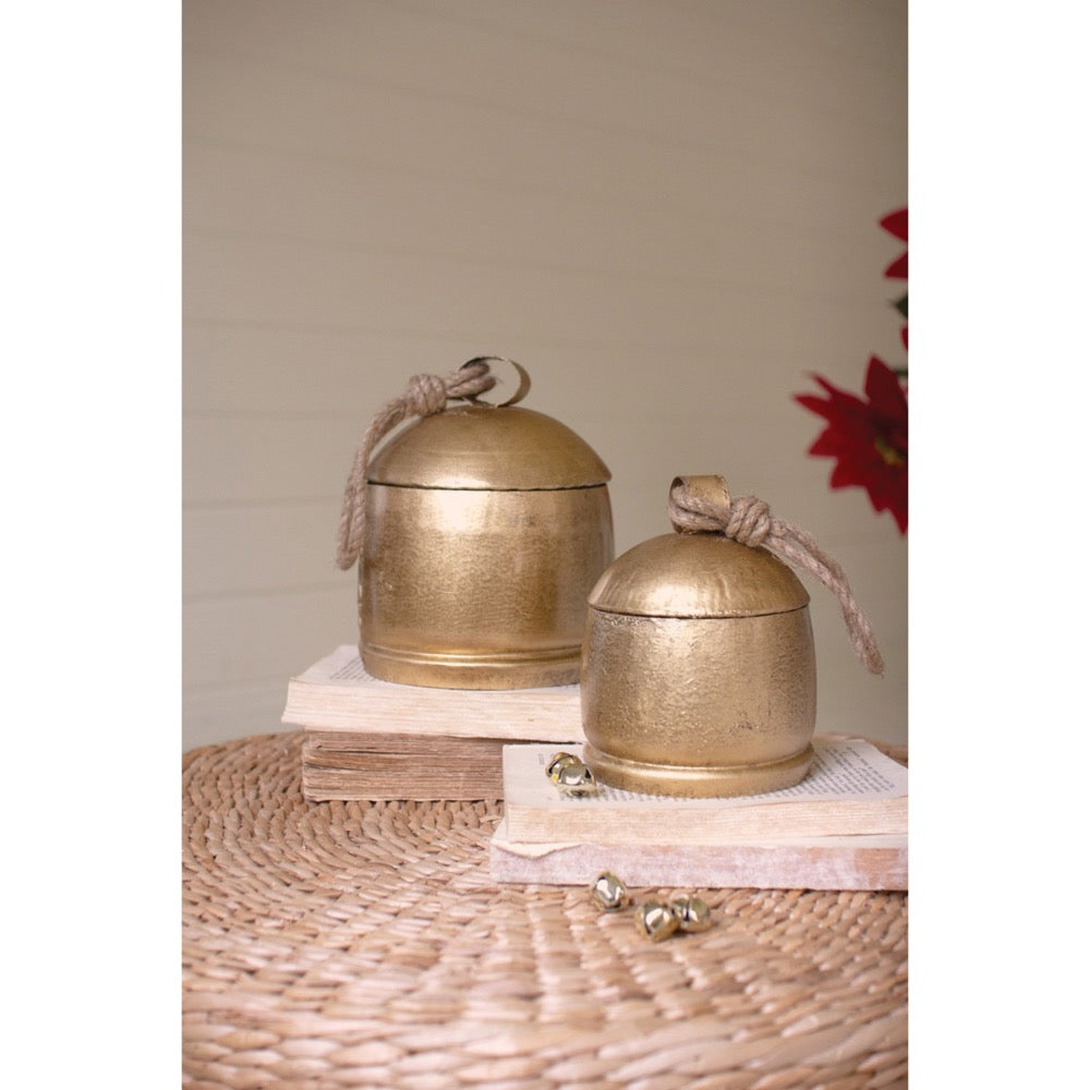 two gold christmas bell canisters holiday decor